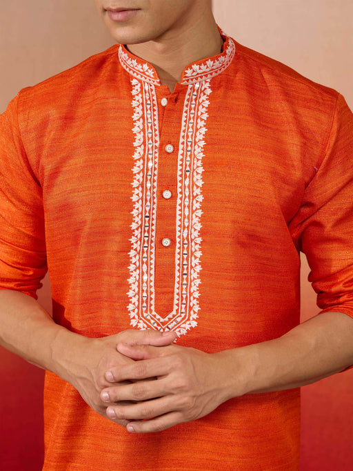 Men's Orange Hand Embroidered Silk Kurta