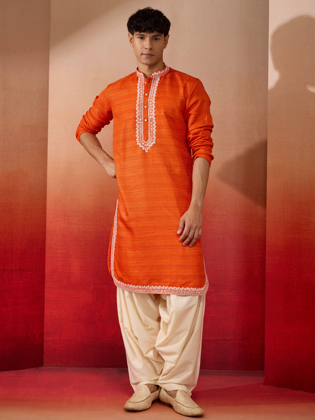 Men's Orange Hand Embroidered Silk Kurta