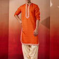 Men's Orange Champion Matka Hand Embroidered Kurta with Cream Patiala Set