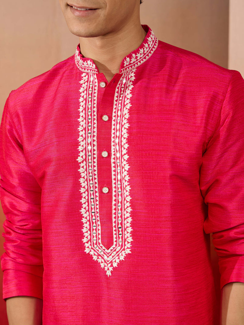 Men's Pink Phantom Silk Hand Embroidered Kurta with Cream Patiala Set