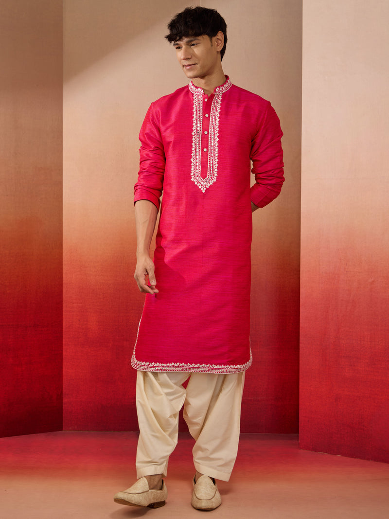 Men's Pink Phantom Silk Hand Embroidered Kurta with Cream Patiala Set
