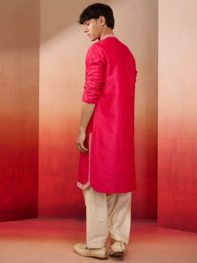 Men's Pink Phantom Silk Hand Embroidered Kurta with Cream Patiala Set