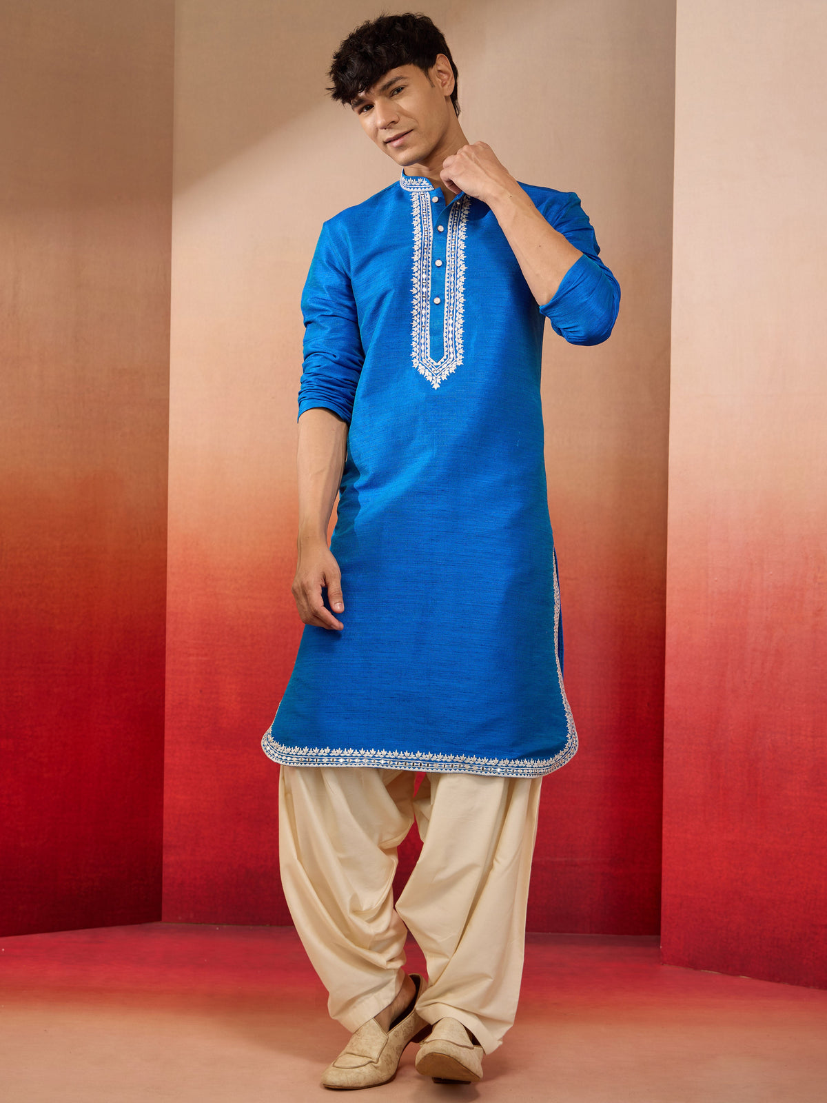 Men's Royal Blue Hand Embroidered Silk Kurta