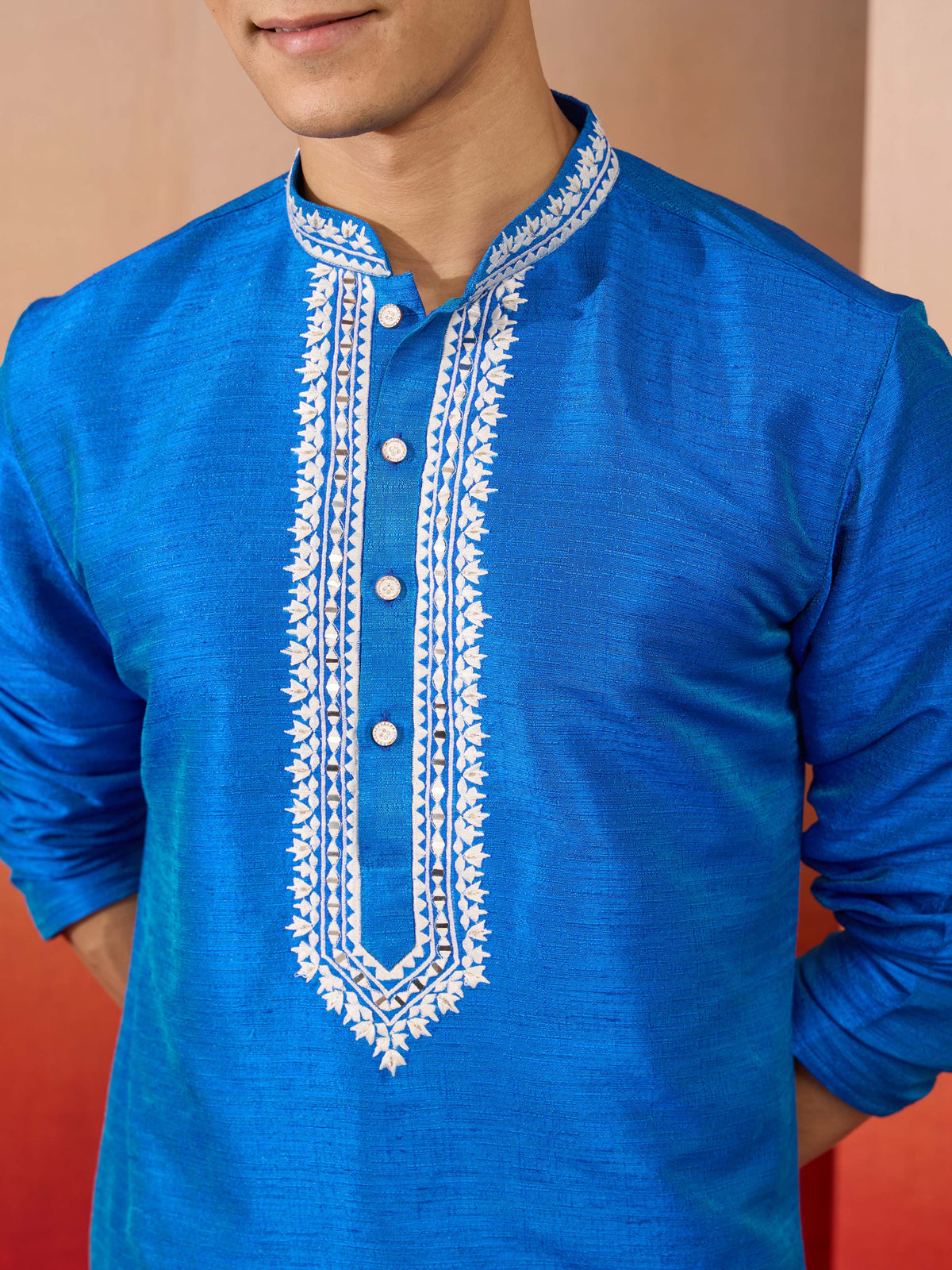 Men's Royal Blue Phantom Silk Hand Embroidered Kurta with Cream Patiala