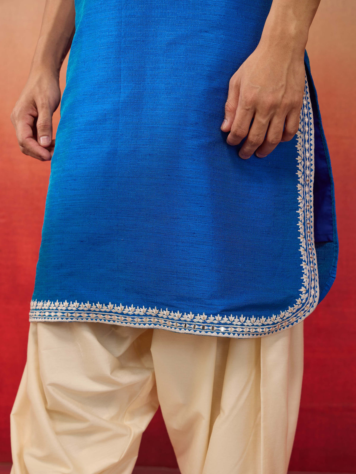 Men's Royal Blue Phantom Silk Hand Embroidered Kurta with Cream Patiala