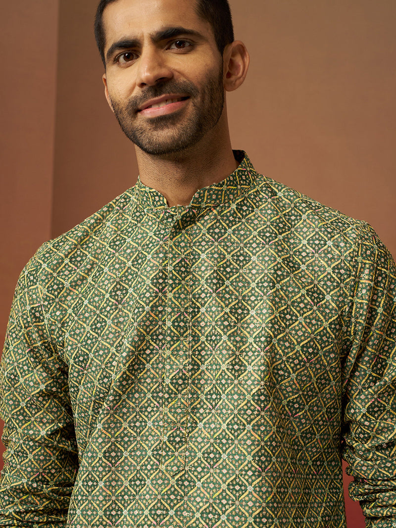 Vastramay Men Green Cotton Gems Work Kurta