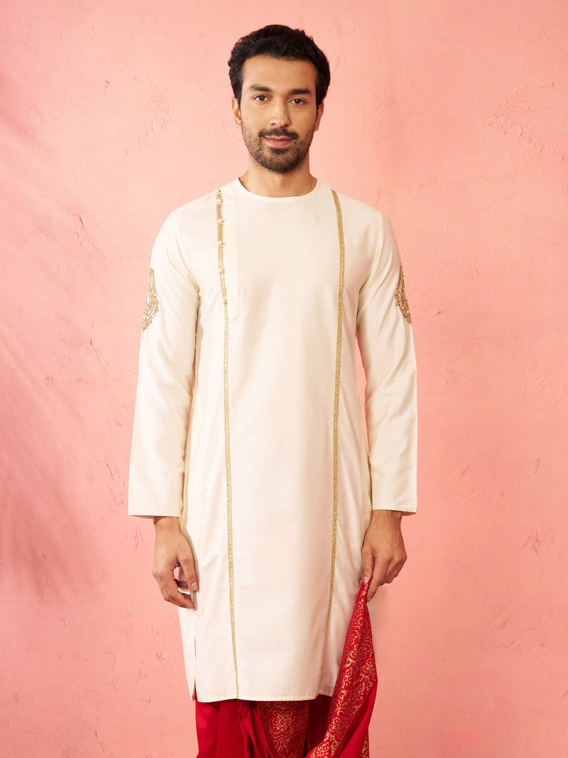 Men's Cream Zardozi Embroidered Viscose Kurta