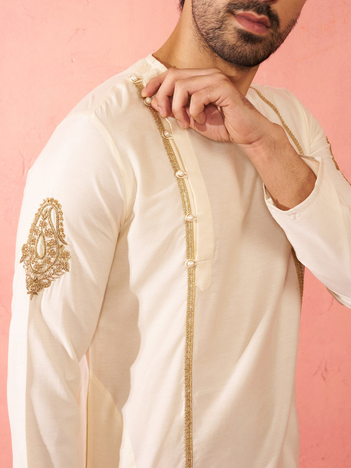 Men's Cream Zardozi Kurta Red Dhoti Set