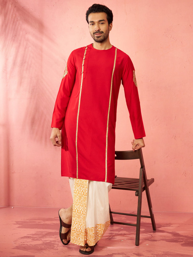 Mens Red Zardozi Kurta Cream Dhoti Set