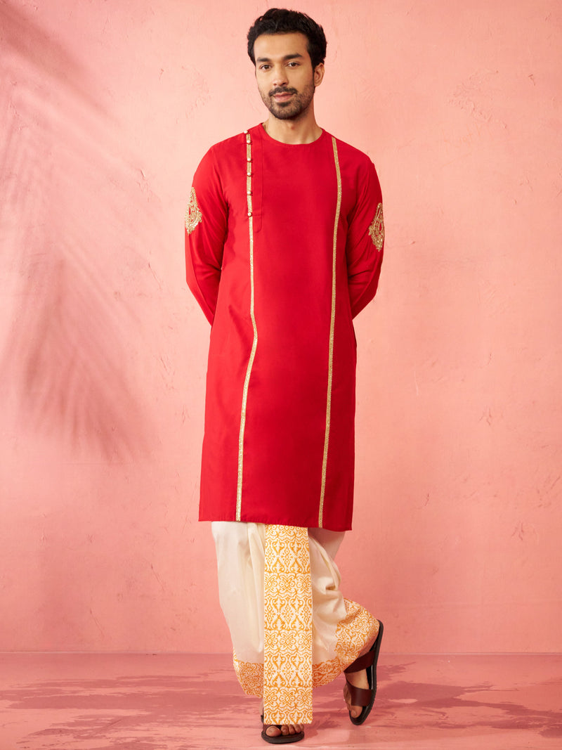 Mens Red Zardozi Kurta Cream Dhoti Set