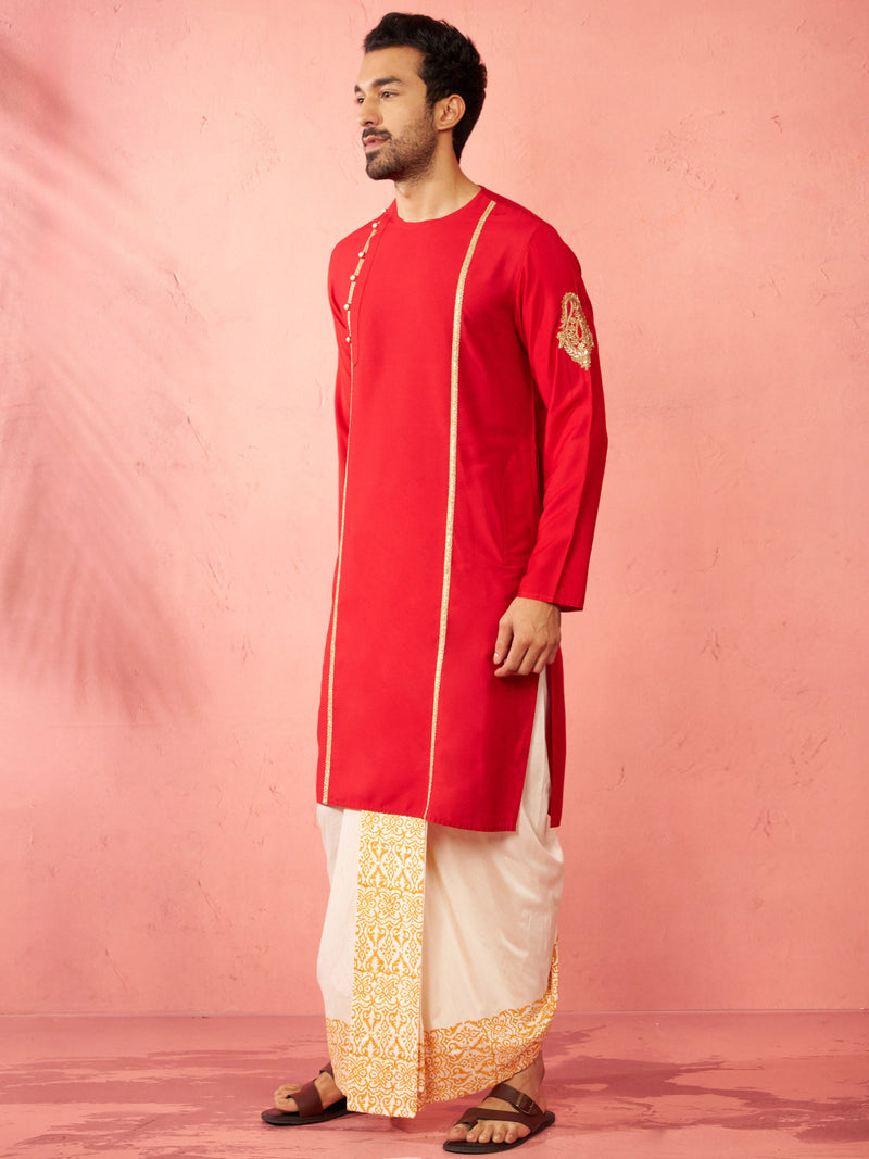 Mens Red Zardozi Kurta Cream Dhoti Set