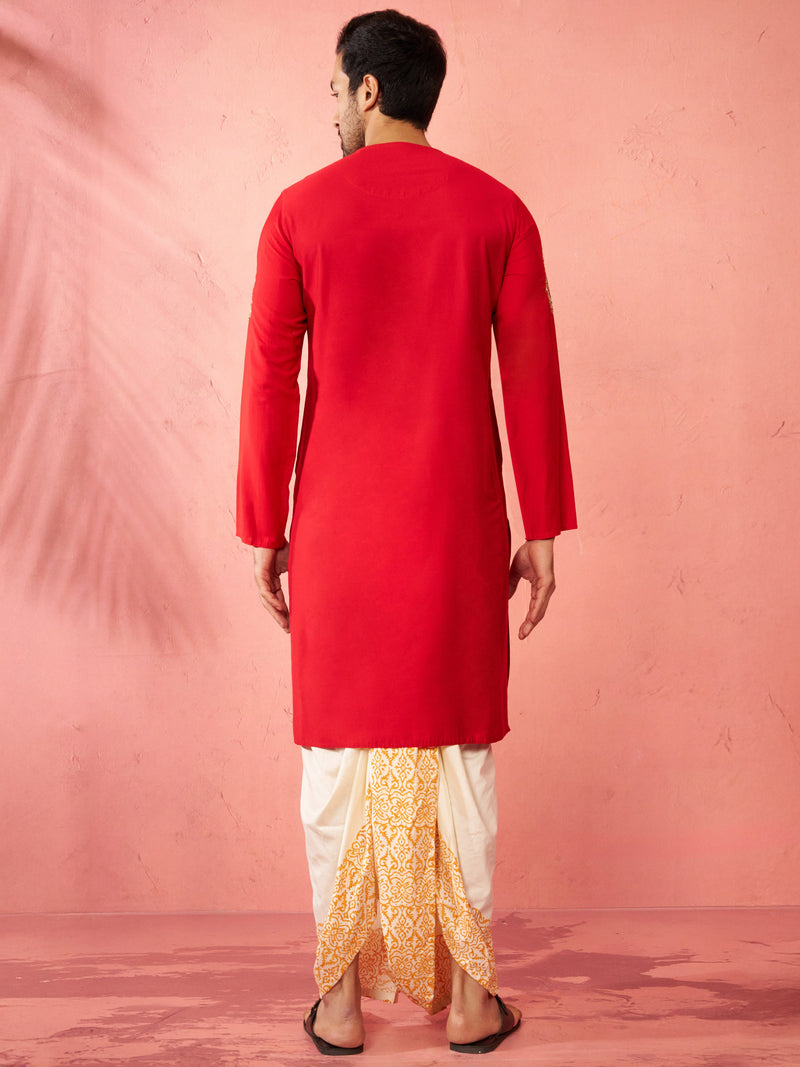 Mens Red Zardozi Kurta Cream Dhoti Set