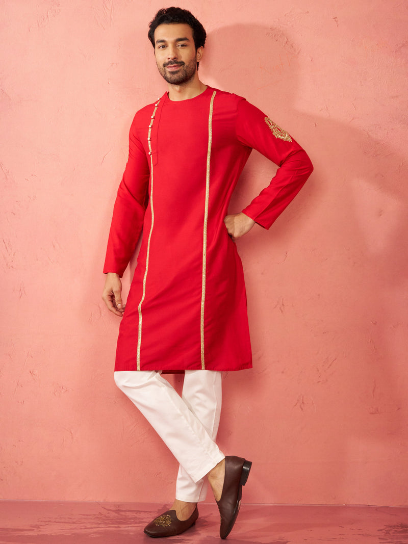 Mens Red Zardozi Kurta Cream Pant Set