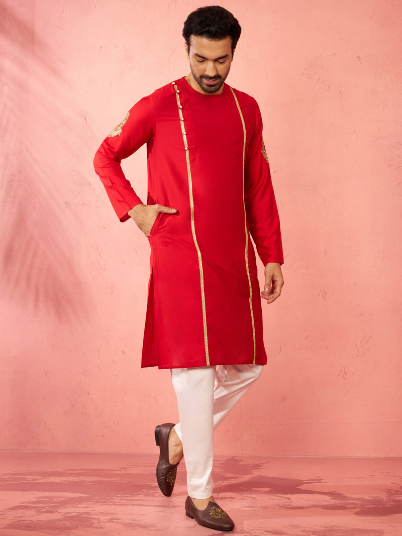 Mens Red Zardozi Kurta Cream Pant Set