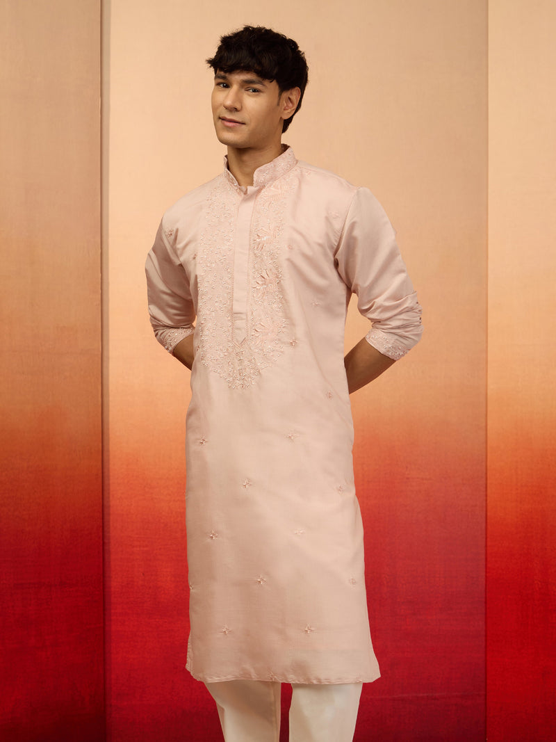 Men's Peach Embroidered Silk Kurta