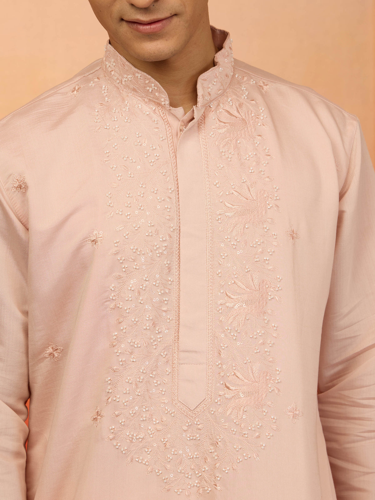 Men's Peach Embroidered Silk Kurta