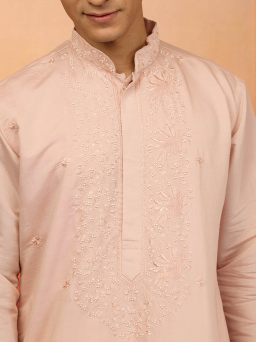 Men's Peach Embroidered Silk Kurta