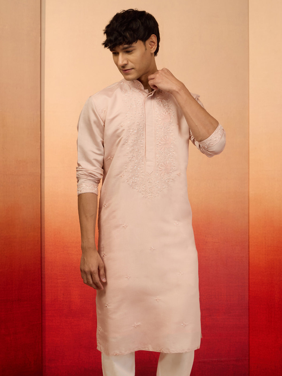Men's Peach Embroidered Silk Kurta