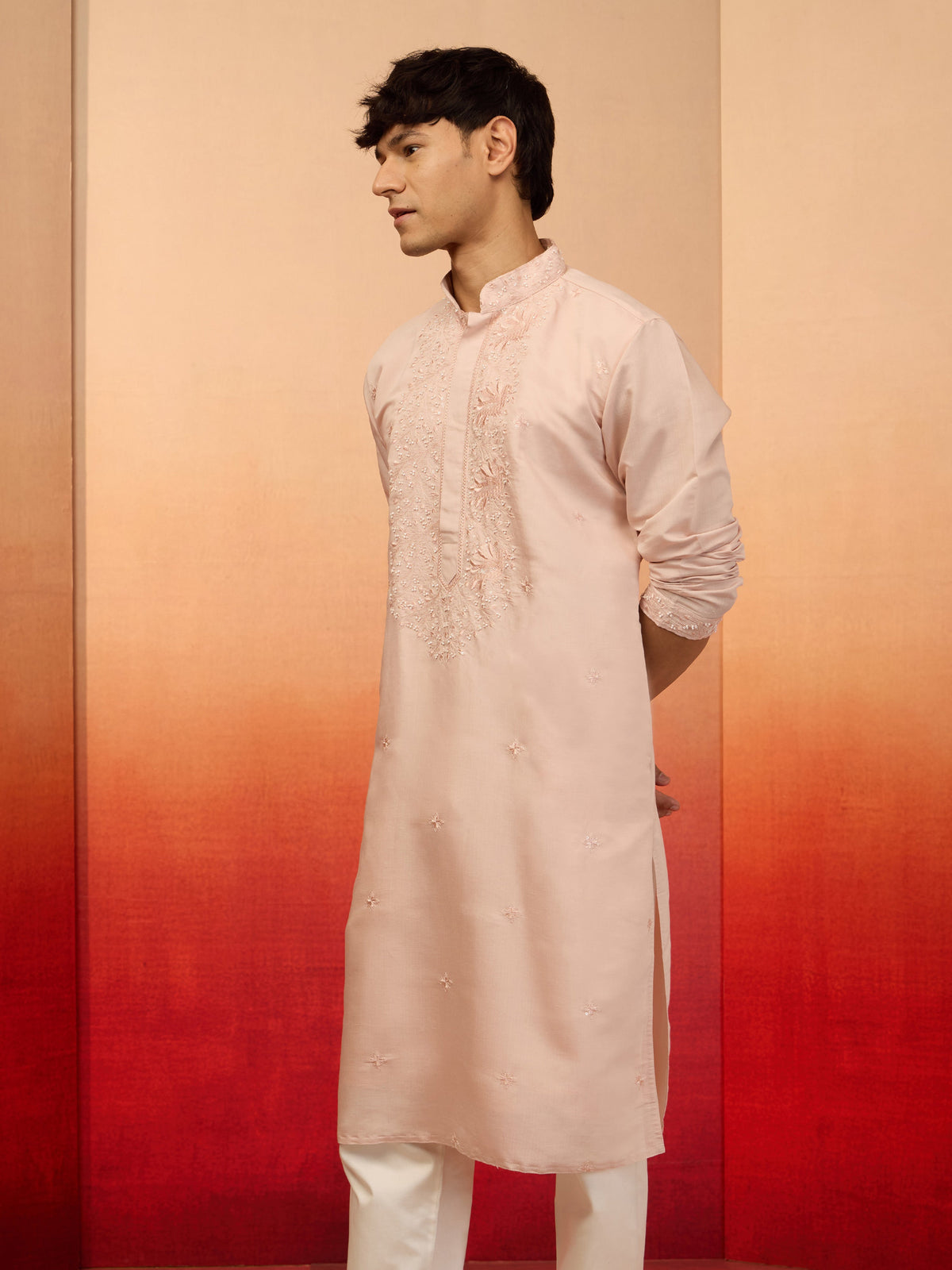Men's Peach Embroidered Silk Kurta