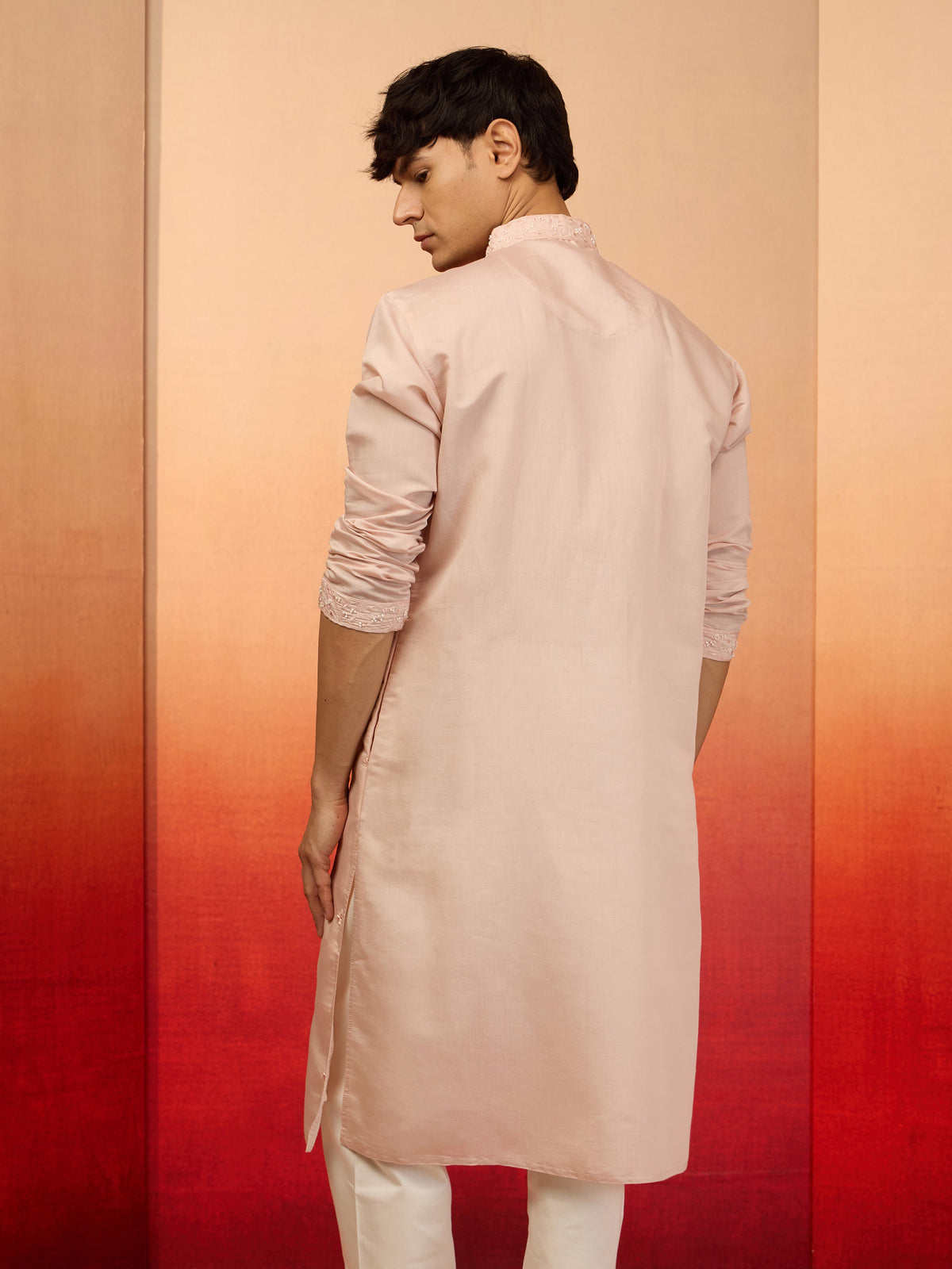 Men's Peach Embroidered Silk Kurta