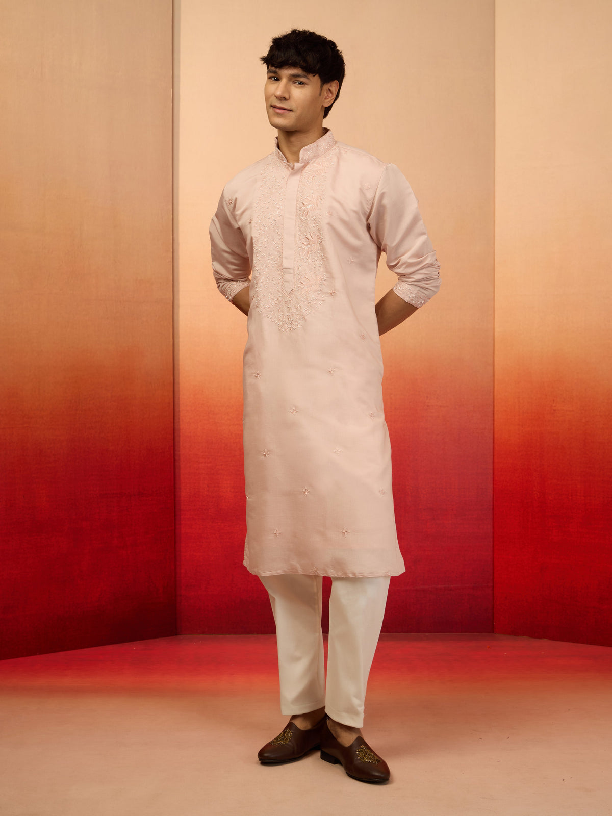 Men's Peach Silk Blend Embroidered Kurta with Cream Pyjama