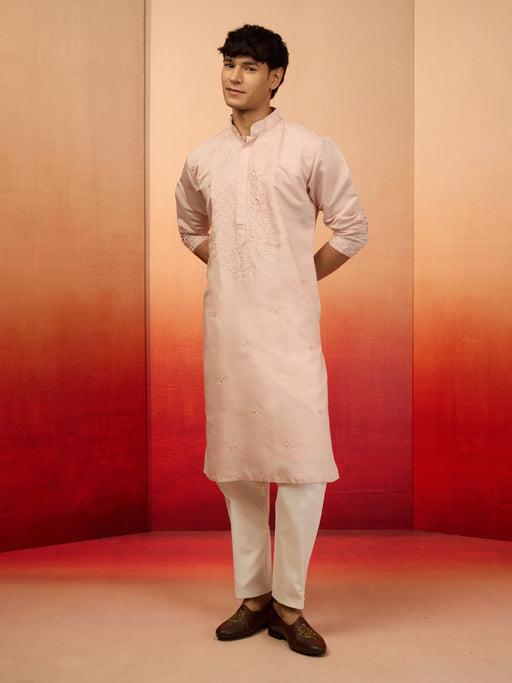 Men's Peach Silk Blend Embroidered Kurta with Cream Pyjama