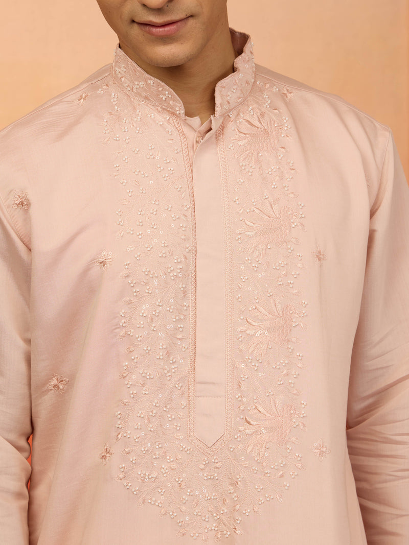 Men's Peach Silk Blend Embroidered Kurta with Cream Pyjama