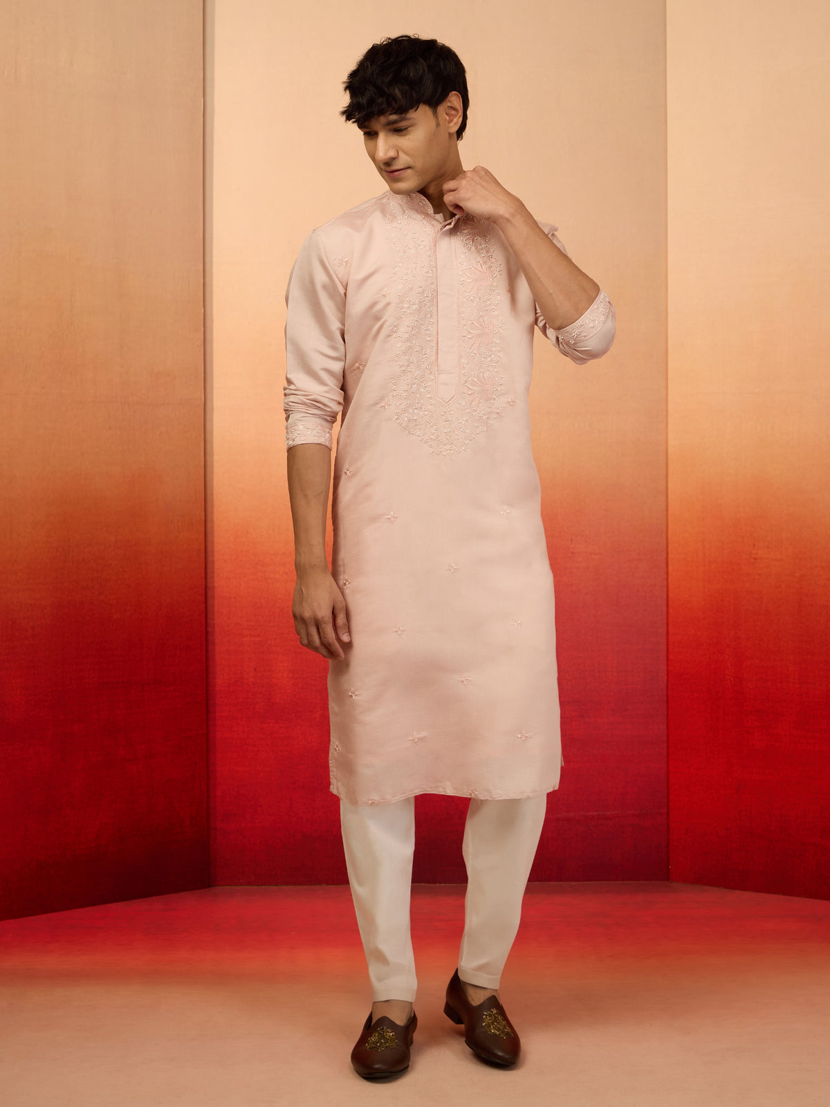 Men's Peach Silk Blend Embroidered Kurta with Cream Pyjama