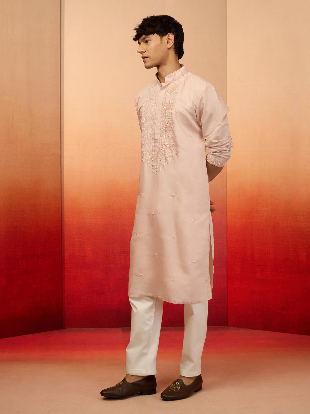 Men's Peach Silk Blend Embroidered Kurta with Cream Pyjama
