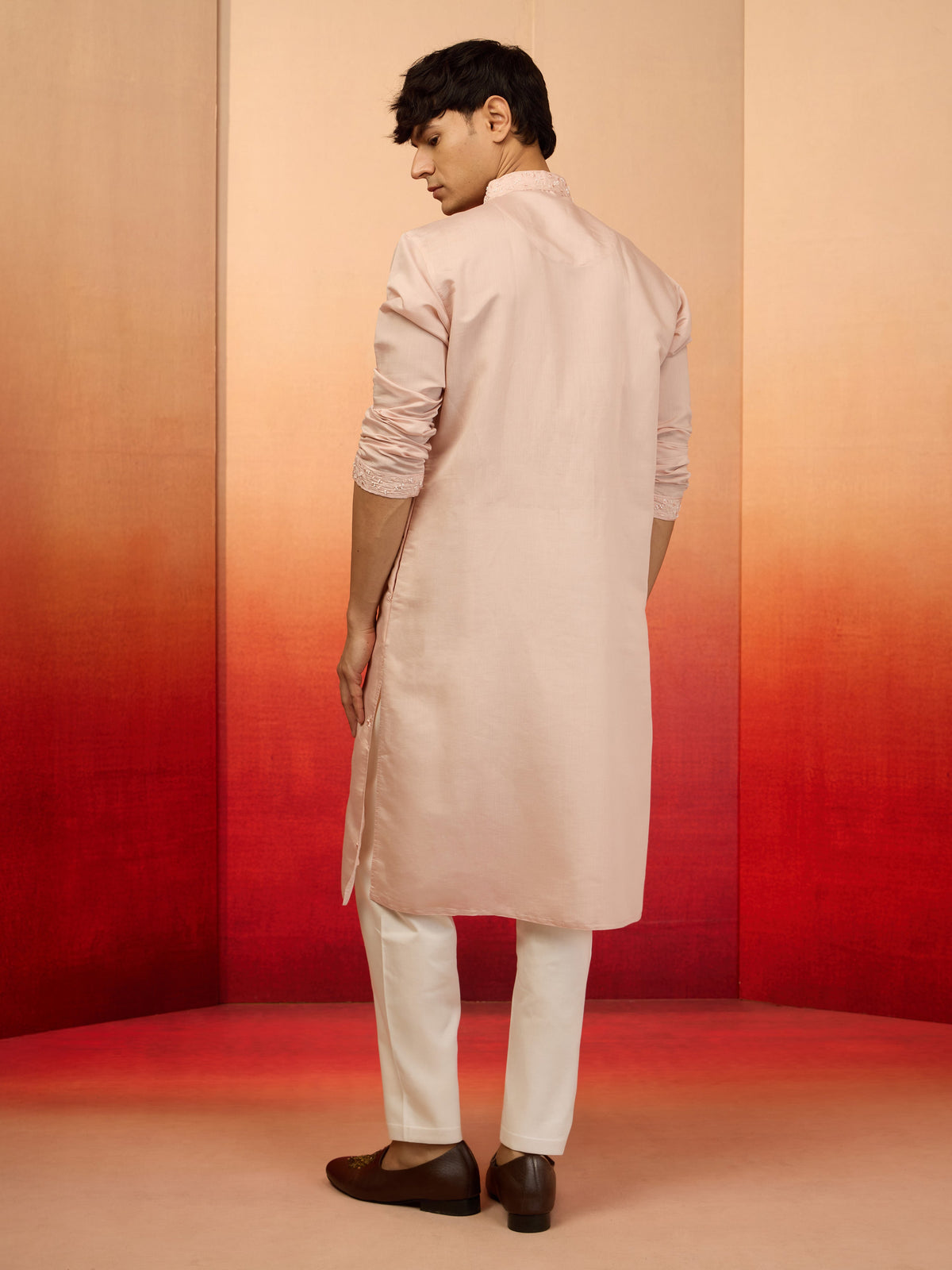 Men's Peach Silk Blend Embroidered Kurta with Cream Pyjama