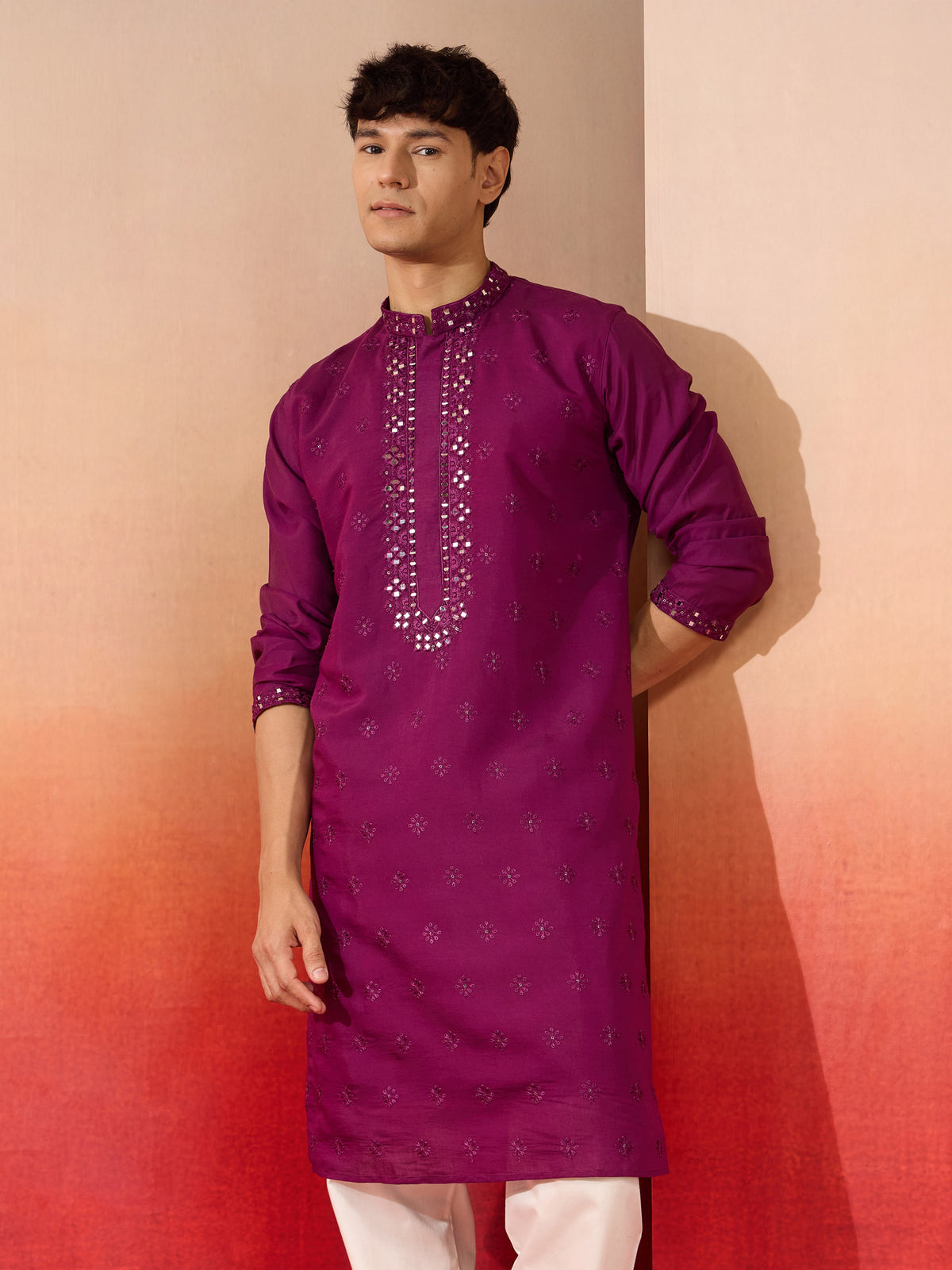 Men's Purple Embroidered Silk Kurta