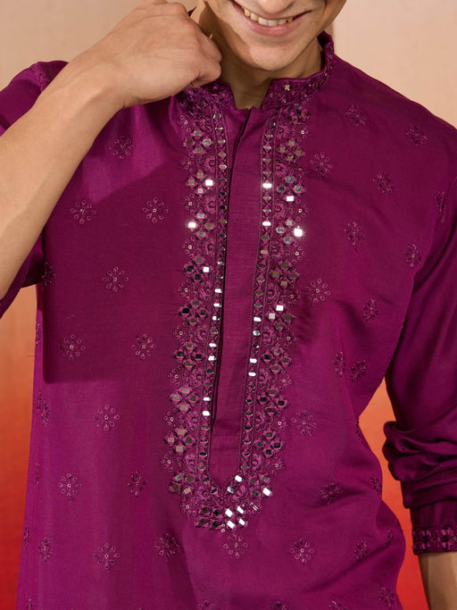 Men's Purple Embroidered Silk Kurta