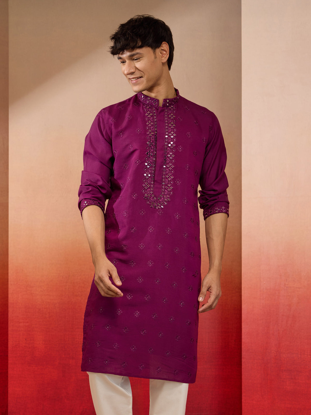 Men's Purple Embroidered Silk Kurta