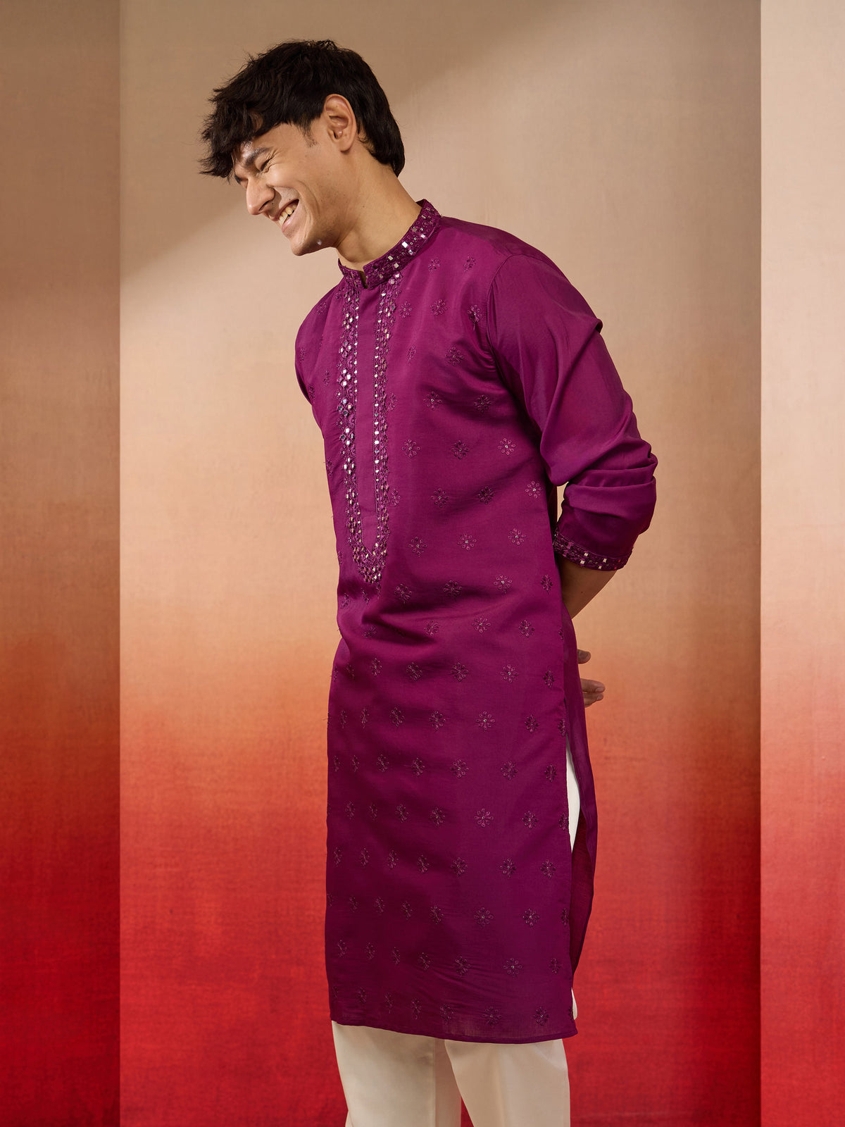 Men's Purple Embroidered Silk Kurta