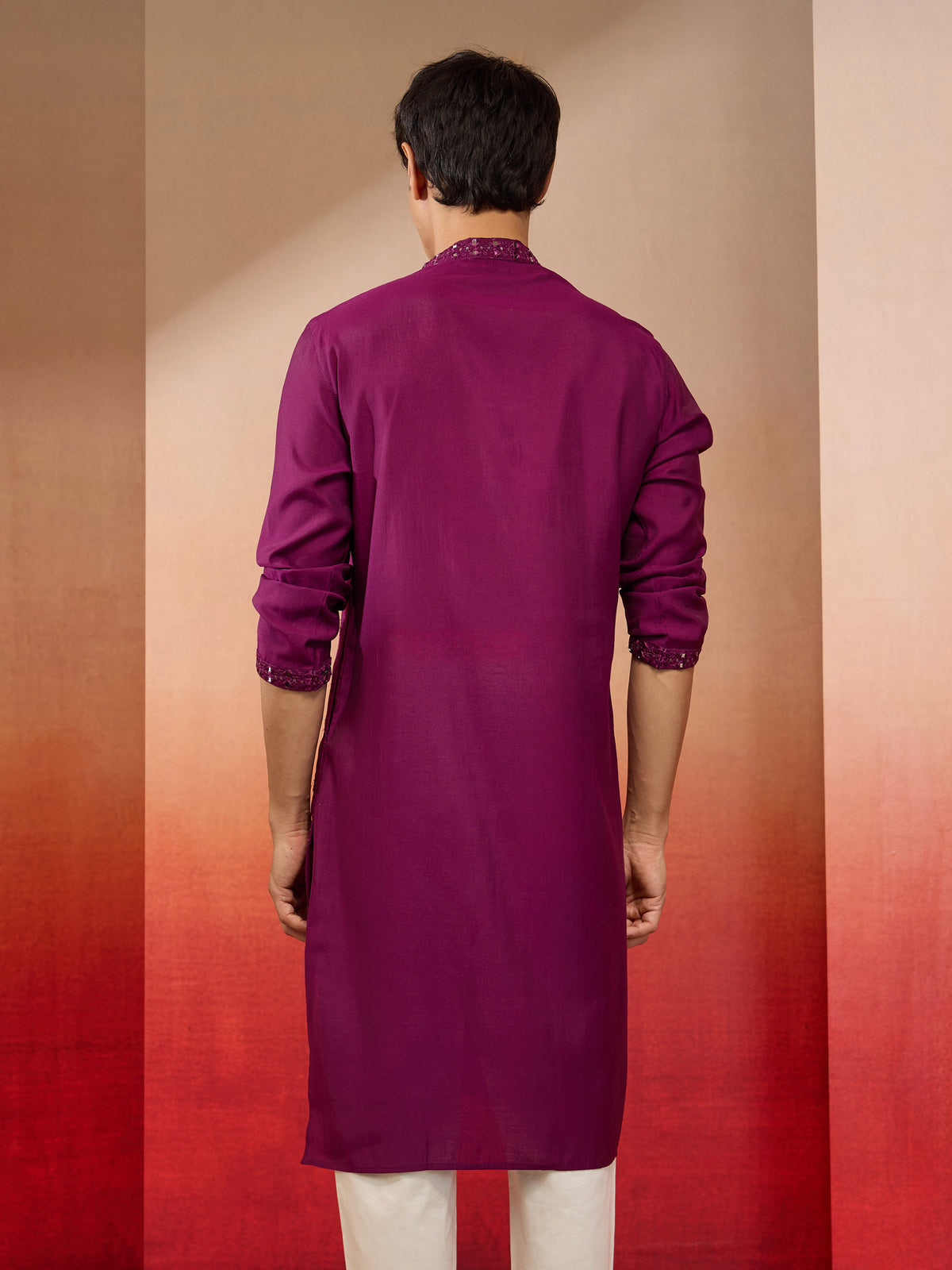 Men's Purple Embroidered Silk Kurta