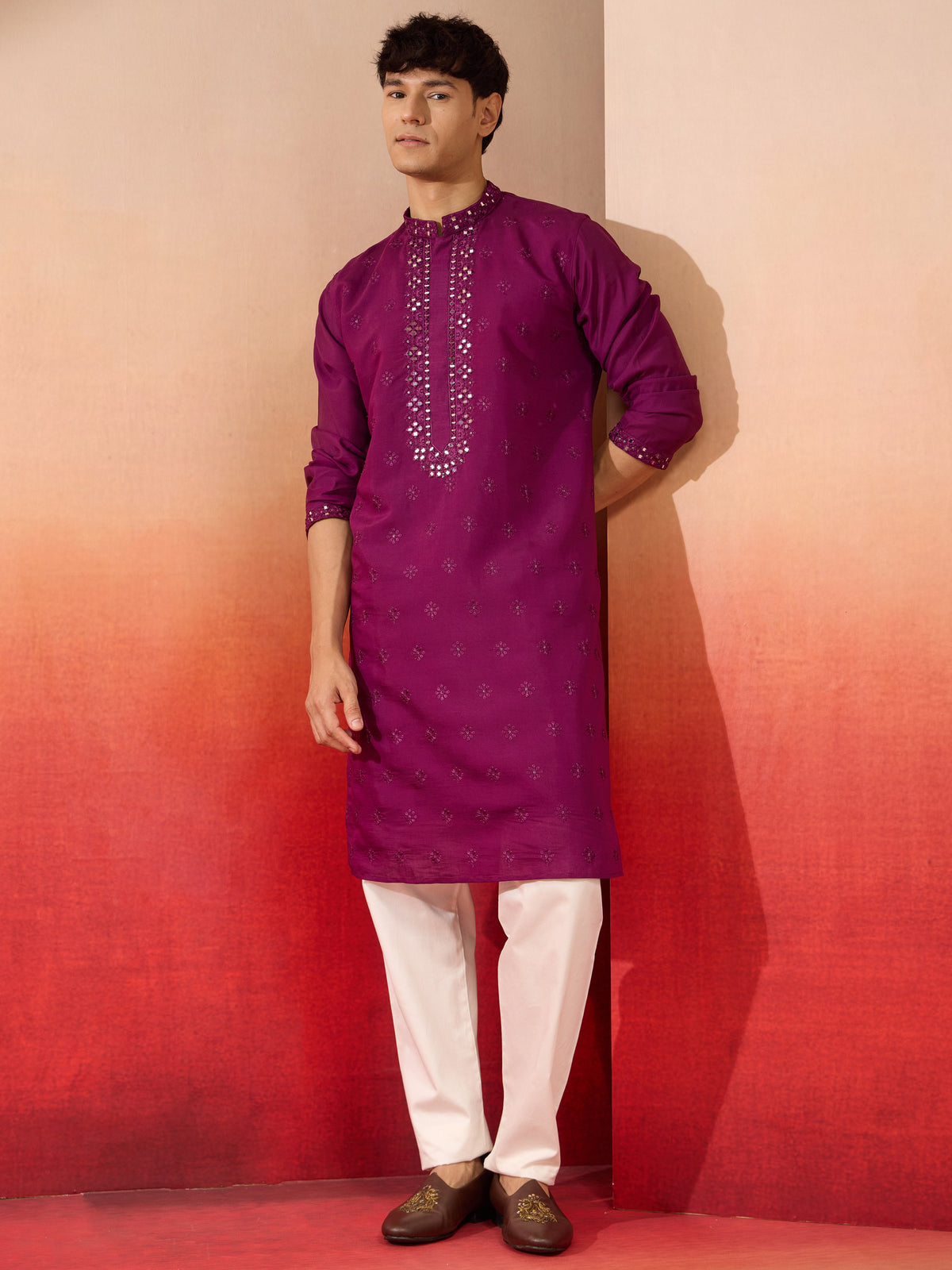 Men's Purple Embroidered Silk Kurta
