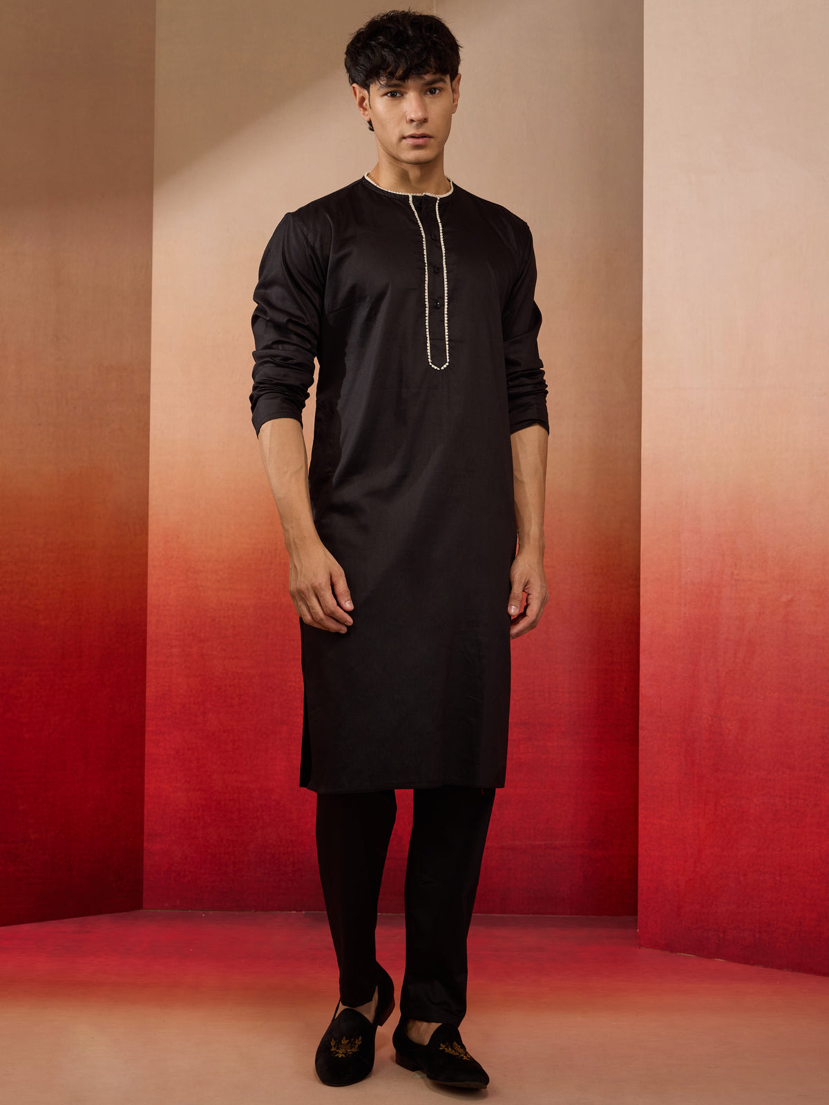 Men's Black Cotton Kurta Pyjama Set