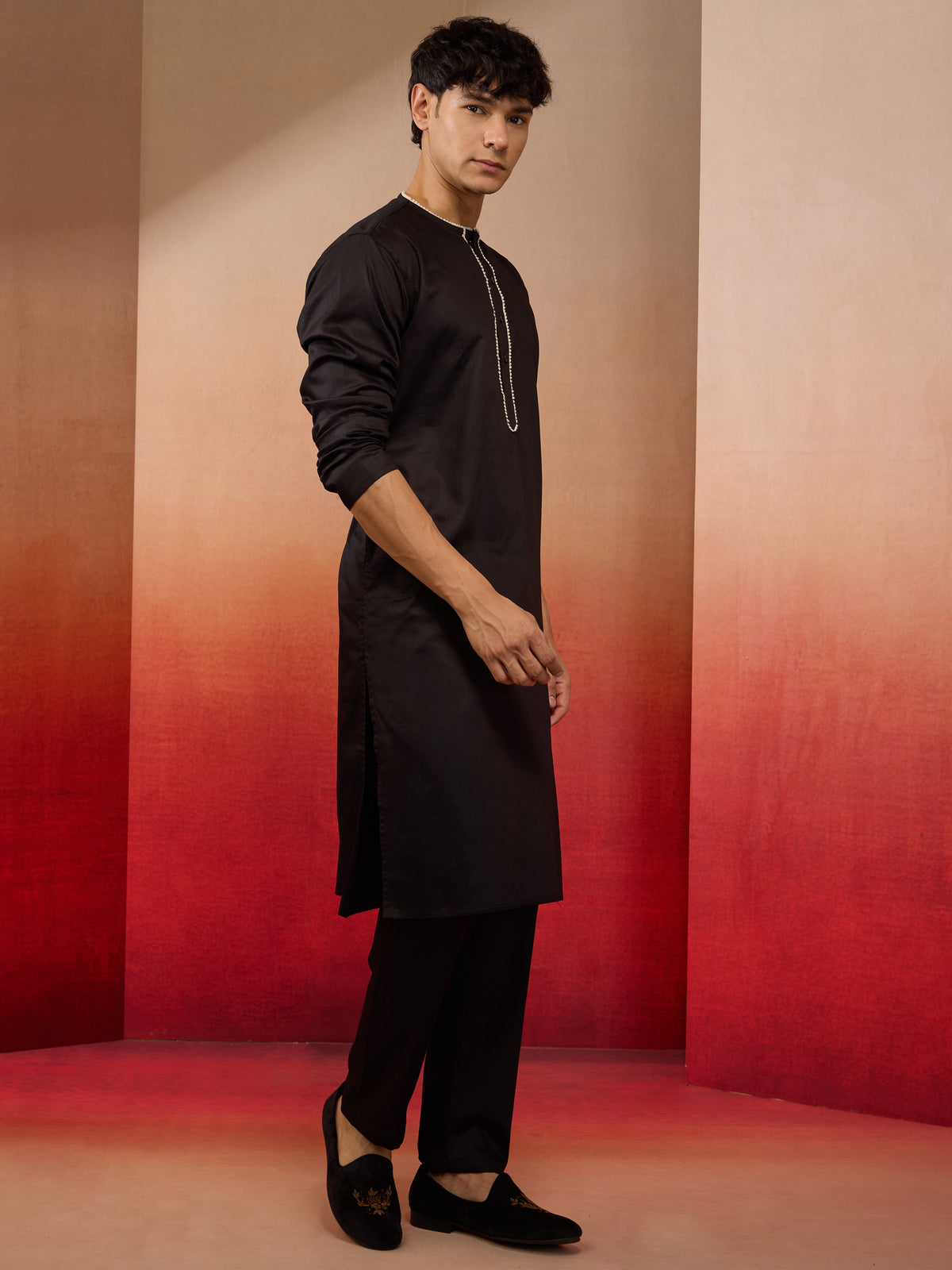 Men's Black Cotton Kurta Pyjama Set