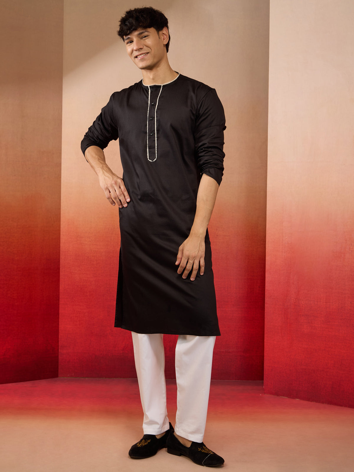 Men's Black Cotton Kurta White Pyjama Set