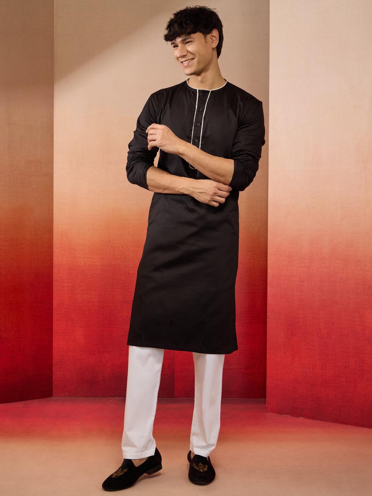 Men's Black Cotton Kurta White Pyjama Set