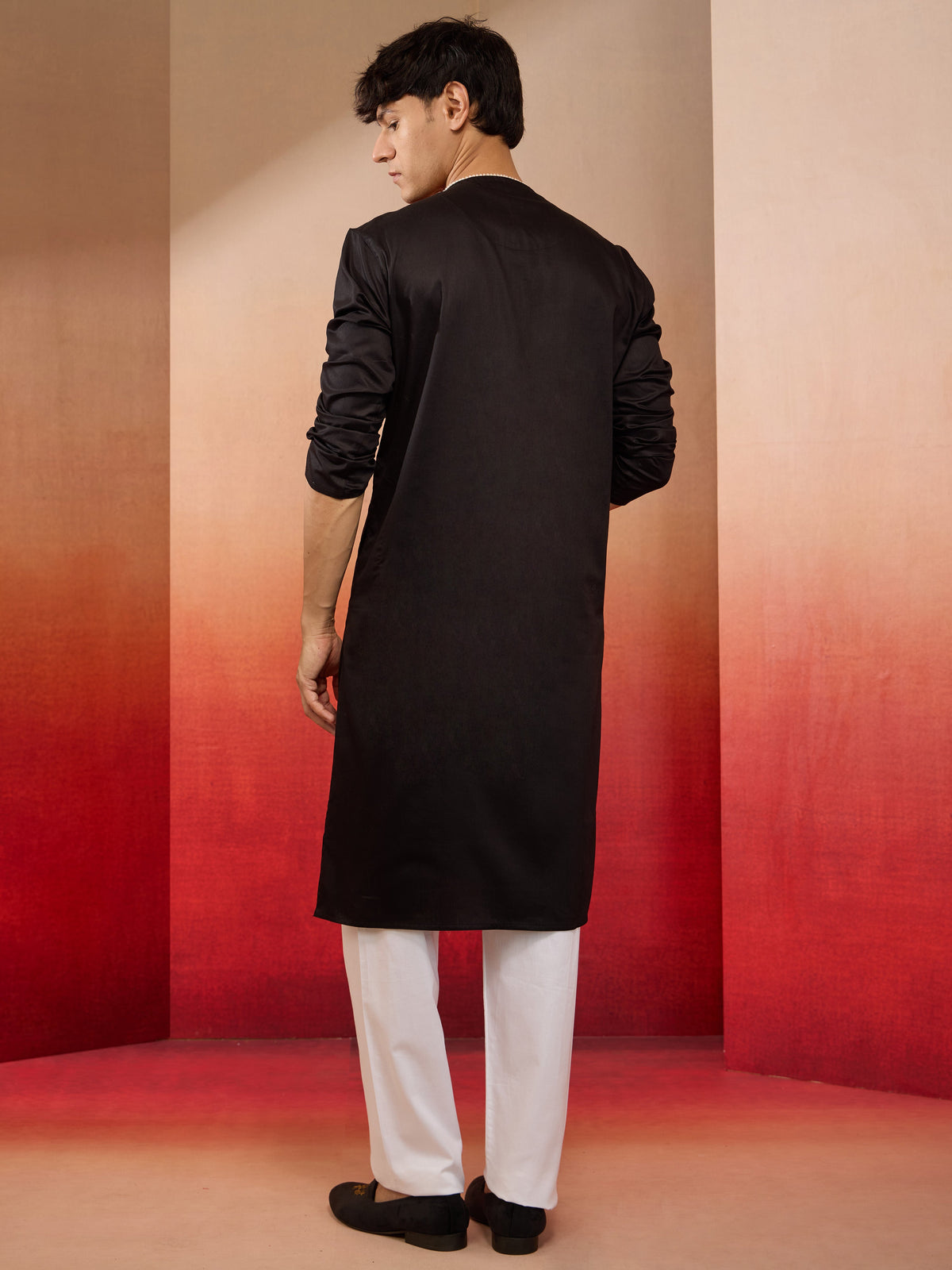 Men's Black Cotton Kurta White Pyjama Set