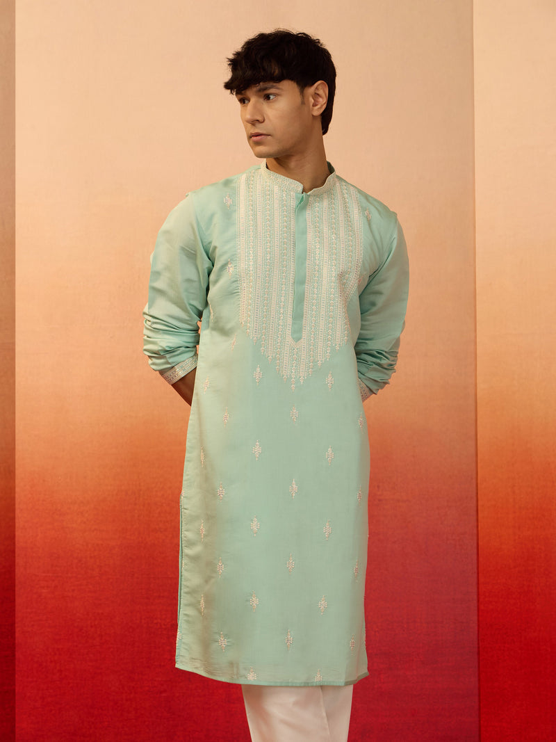 Men's Mint Green Embroidered Silk Kurta