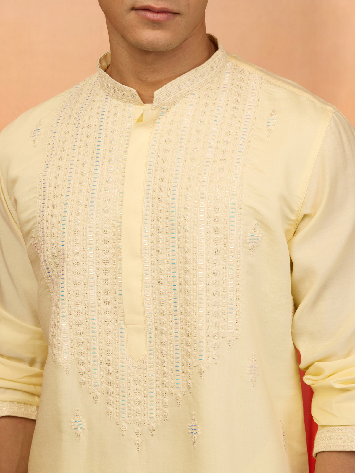 Men's Yellow Embroidered Silk Kurta