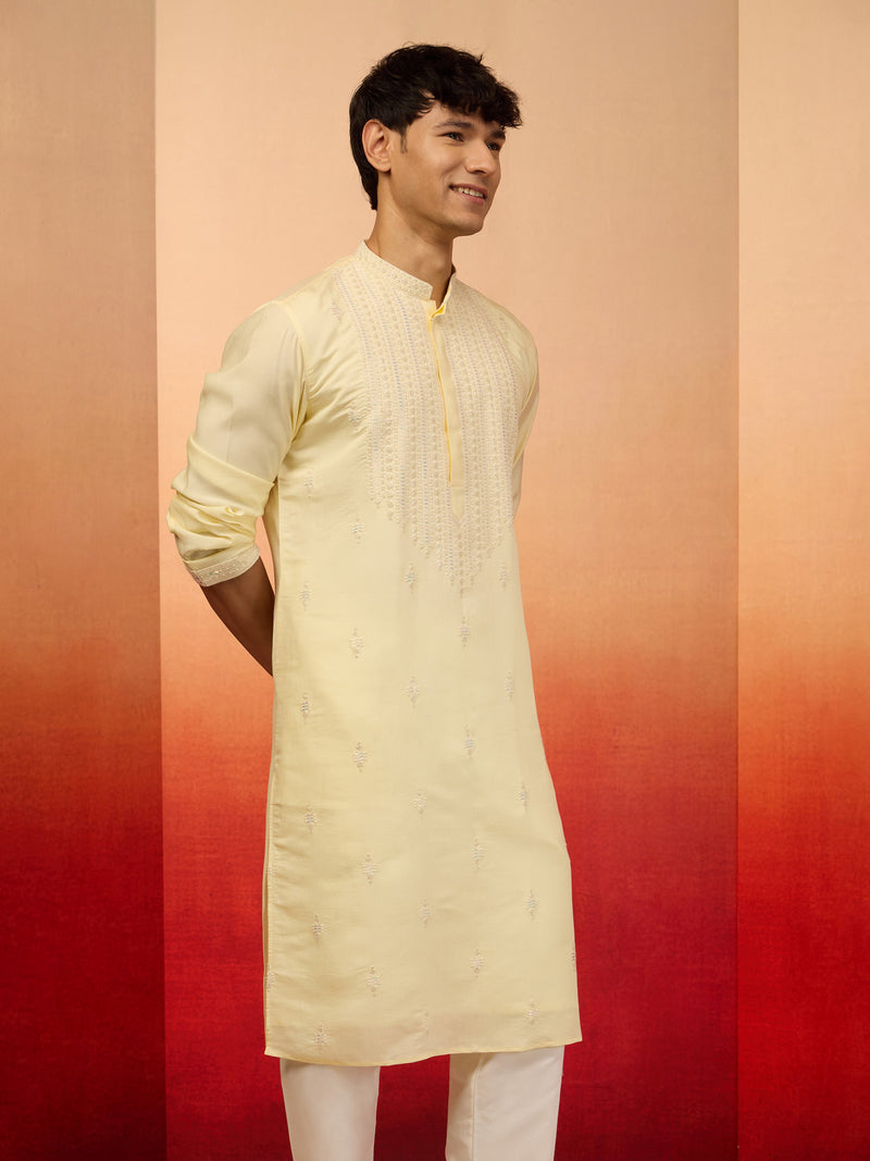 Men's Yellow Embroidered Silk Kurta