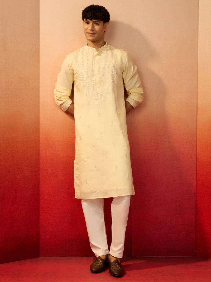 Men's Yellow Embroidered Silk Kurta