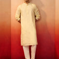 Men's Yellow Silk Blend Embroidered Kurta with Cream Pyjama