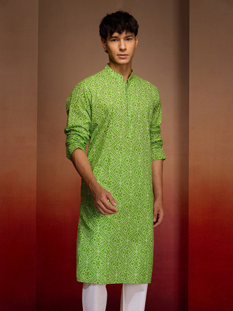 Men's Green Cotton Cambric Bandhani Kurta
