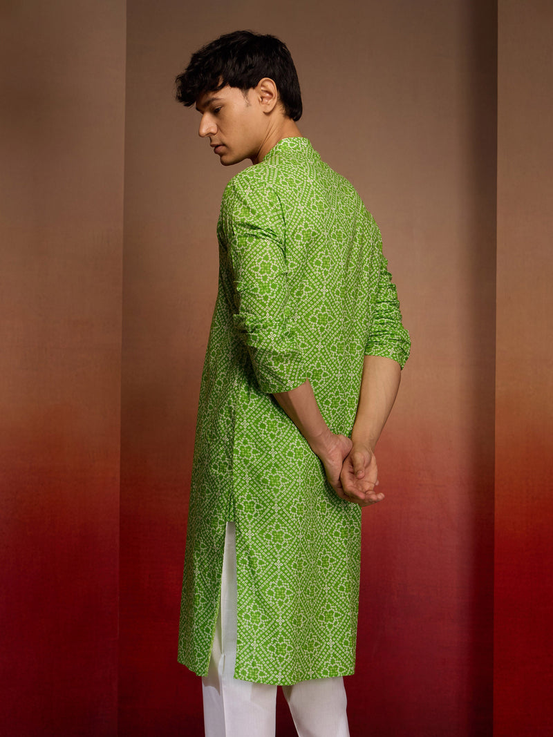 Men's Green Cotton Cambric Bandhani Kurta