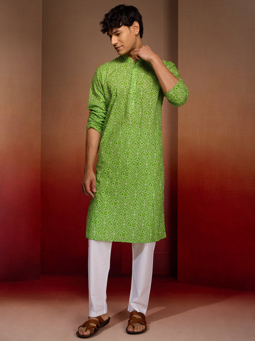 Mens Green Bandhani Kurta with Pyjama