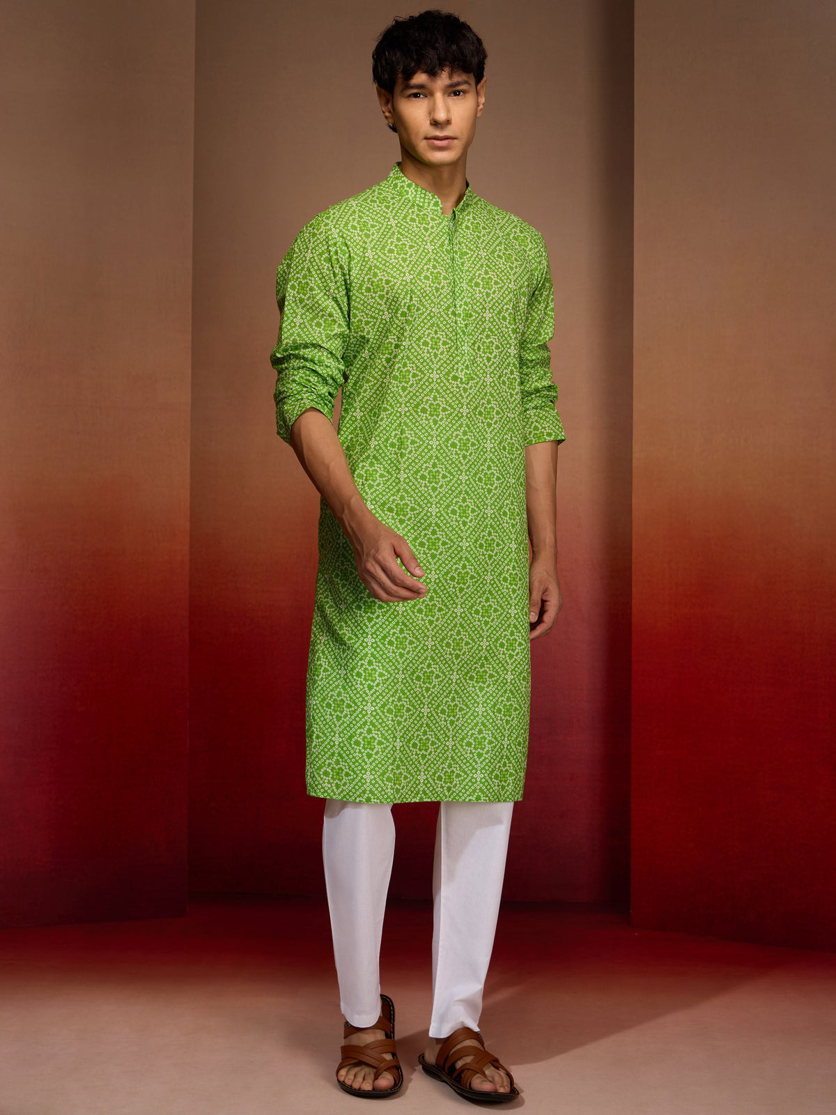 Mens Green Bandhani Kurta with Pyjama